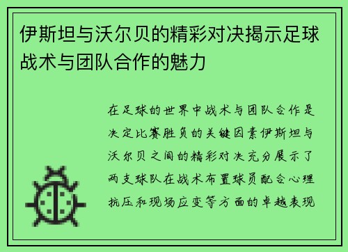 伊斯坦与沃尔贝的精彩对决揭示足球战术与团队合作的魅力