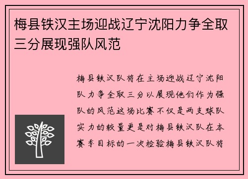 梅县铁汉主场迎战辽宁沈阳力争全取三分展现强队风范