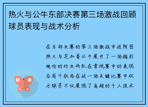 热火与公牛东部决赛第三场激战回顾球员表现与战术分析