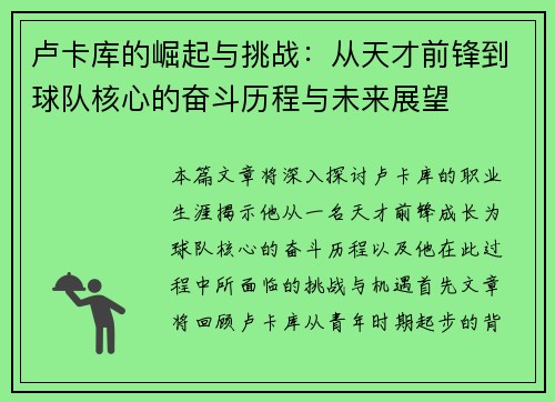 卢卡库的崛起与挑战：从天才前锋到球队核心的奋斗历程与未来展望
