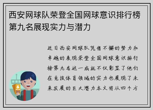 西安网球队荣登全国网球意识排行榜第九名展现实力与潜力