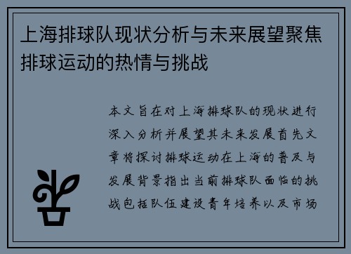 上海排球队现状分析与未来展望聚焦排球运动的热情与挑战