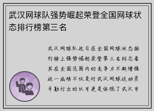 武汉网球队强势崛起荣登全国网球状态排行榜第三名