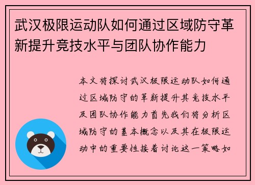 武汉极限运动队如何通过区域防守革新提升竞技水平与团队协作能力