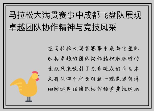 马拉松大满贯赛事中成都飞盘队展现卓越团队协作精神与竞技风采