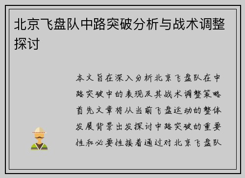 北京飞盘队中路突破分析与战术调整探讨