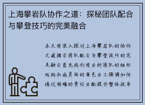 上海攀岩队协作之道：探秘团队配合与攀登技巧的完美融合